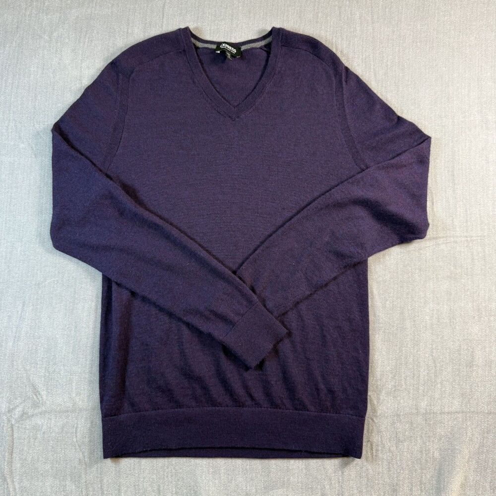 Express Sweater Mens Medium Purple Long Sleeve Merino Wool Blend V Neck Pullover